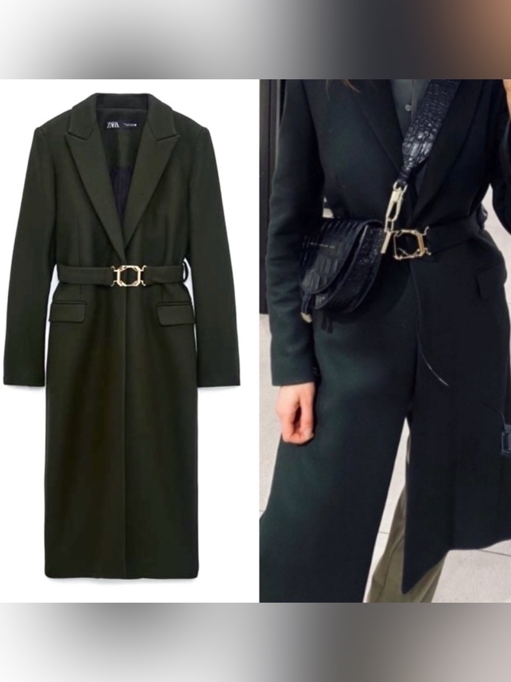 Zara Dark Olive Green Long Belted Coat